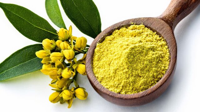 Spoonful of yellow powder is placed on top of a green leaf. The leaf is fresh and vibrant, while the powder is a bright, sunny yellow color. The combination of the two creates a sense of warmth