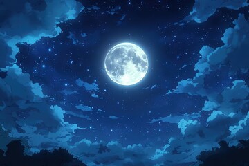 Serene Night Sky: Majestic Full Moon Illuminates the Darkness, Casting a Magical Glow Upon the Earth. Perfect for Backgrounds, Posters, and Dreamy Designs. A breathtaking celestial scene, capturing   