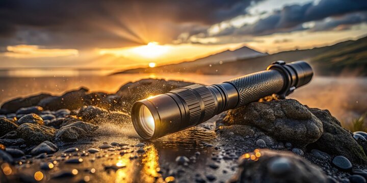 A tactical waterproof flashlight with waterdrops and smoke on a rocky terrain at sunset