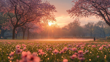 serene park at dawn with blooming cherry blossoms, dewy grass, and soft sunlight creating tranquil atmosphere