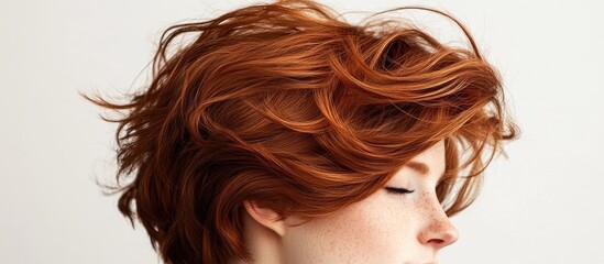Naklejka premium Vibrant tousled short auburn hair with dynamic texture against a clean white background ideal for showcasing diverse hairstyles and aesthetics