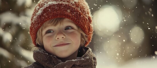 A young boy smiles joyfully in a snowy winter forest wearing an orange hat with snowflakes falling around him highlighting a playful winter scene