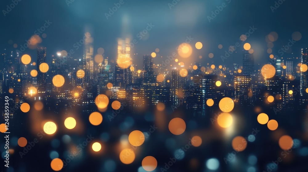 Poster a night-time futuristic cityscape with golden lights illuminating the skyline, creating a sense of d