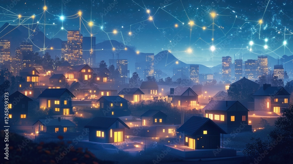 Poster a night-time futuristic city with glowing data connections between homes and infrastructure, illustr