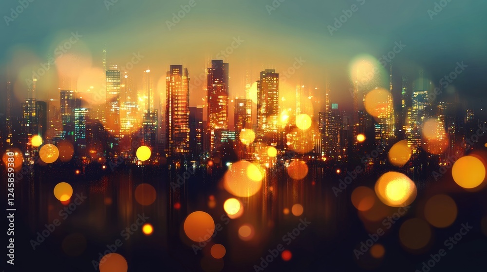 Poster a night-time futuristic cityscape with golden lights illuminating the skyline, creating a sense of d
