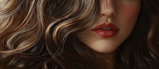 Naklejka premium Close-up portrait of a woman with rich brunette wavy hair highlighting texture and warmth with soft lighting and a blurred background for intimacy