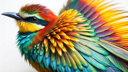 Obraz premium Delicate feathers of a bird species against white background, showcasing vibrant colors and intricate patterns , wildlife photography, animal textures