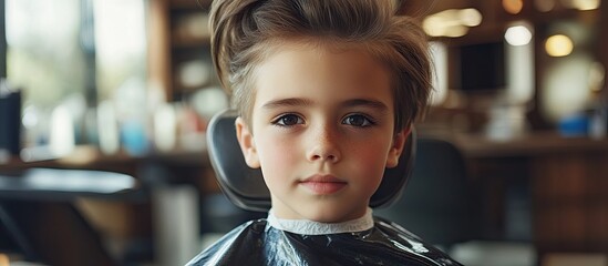 Preteen boy with stylish haircut sitting in salon chair, showcasing neat hair and bright expression, warm tones, blurred background with salon decor.