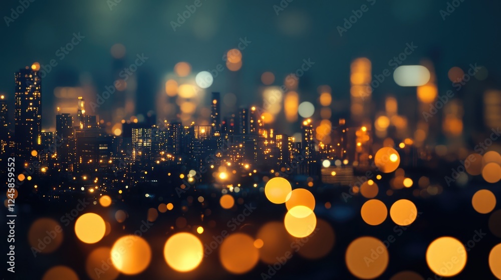 Poster a night-time futuristic cityscape with golden lights illuminating the skyline, creating a sense of d