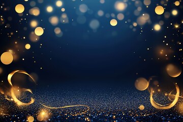 Midnight Sparkle: Luxurious Dark Blue Background with Golden Glitter and Shimmering Bokeh Lights. Perfect for elegant designs, holiday cards, invitations, website banners, and more. Add a touch of    