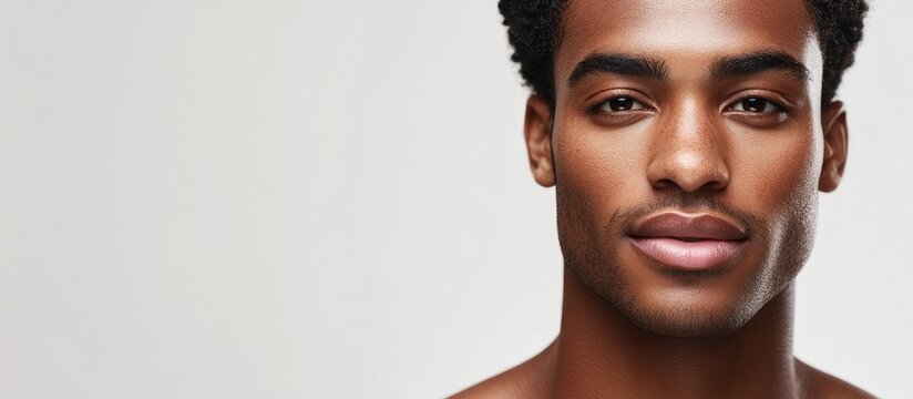Men's portrait against a clean white background showcasing smooth skin and emphasizing skincare routines featuring close-up facial detail.