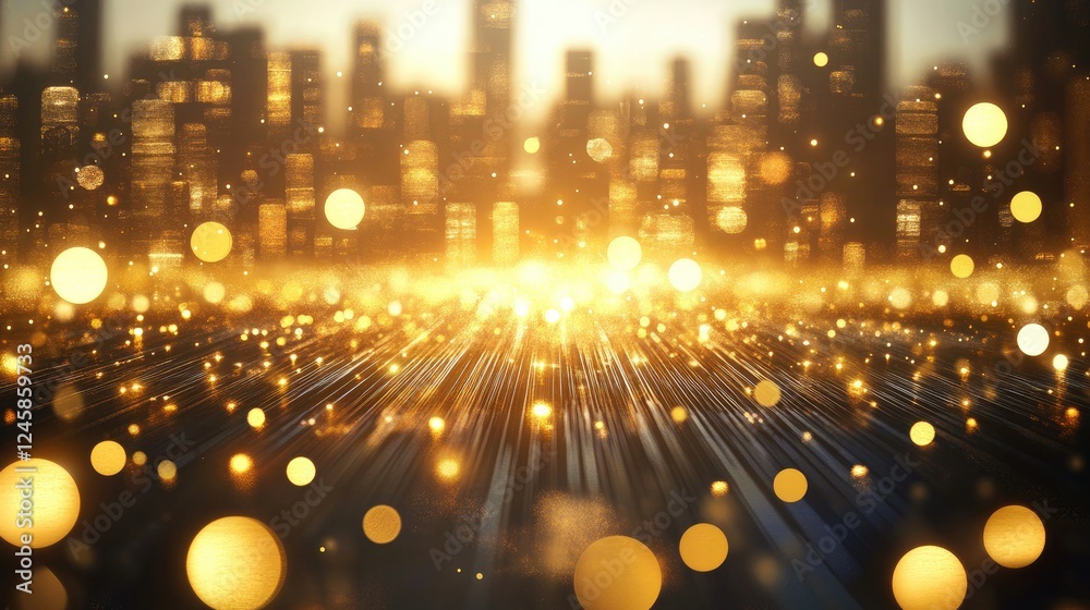 Poster a night-time futuristic cityscape with golden lights illuminating the skyline, creating a sense of d