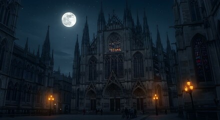 Fototapeta premium Gothic Cathedral Night Scene Under Full Moon