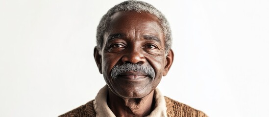 Elderly African man with a mustache smiling against a bright white background wearing a beige shirt showcasing histogram equalization design elements.