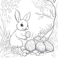 Adorable Bunny Painting Easter Eggs Simple Coloring Book Page