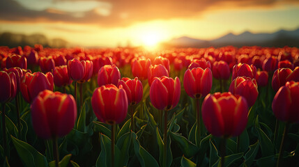 vibrant field of red tulips glowing under golden sunset, with mountains in background