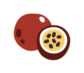 Passion fruit, whole and cut half piece. Exotic vitamin food, tropical passionfruit. Natural sweet eating with seeds in pulp, cross-section. Flat vector illustration isolated on white background