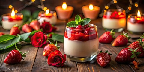 Strawberry Panna Cotta Dessert Photography: Romantic Candlelight & Roses