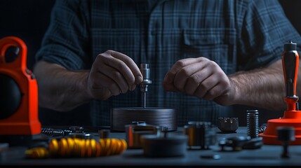 A skilled technician assembles mechanical components on a workbench with tools and parts
