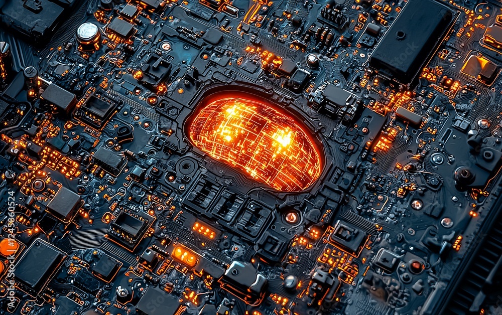 Poster glowing brain in circuit board; ai concept