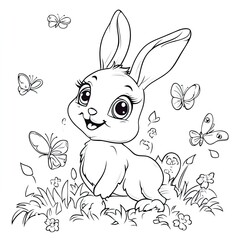 Adorable Bunny with Butterfly Friends Charming Childrens Coloring Book Page