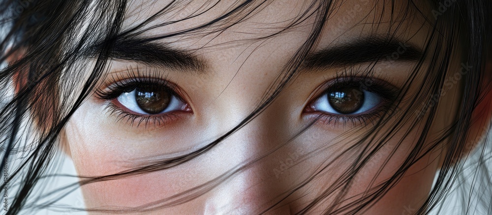 Wall mural Close up portrait of a woman with long black hair and striking brown eyes, showcasing natural beauty against a soft neutral background.