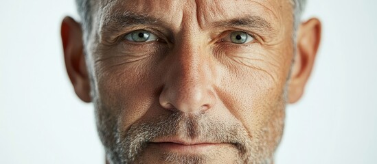 Closeup portrait of a mature man with light skin aged 40-50 years, focused expression, grey hair, and blue eyes against a plain white background.