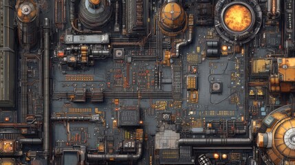 Fototapeta premium A birds-eye view of a circuit board production facility with intricate wiring and assembly machines.