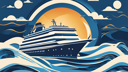 A vector illustration in blue depicting a cruise ship alongside ocean waves, designed as a sign or logo template for travel-themed inspiration