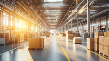 A clean factory floor filled with automated packaging systems and tools for wrapping products