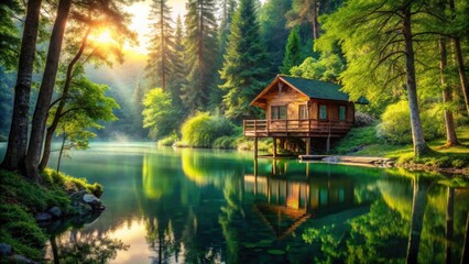 Fototapeta premium Stunning Treetop Cabin Reflection: Serene Lake, Peaceful Nature Escape