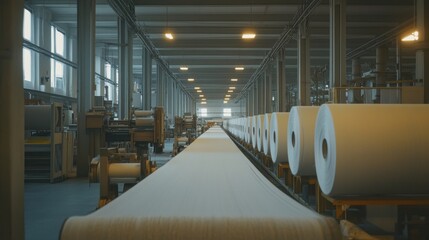 A clean, modern textile factory with high-tech machinery and neatly arranged materials
