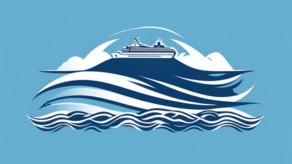 Blue vector imagery showcasing a cruise ship and waves in the ocean, intended as a symbol or logo template for travel design inspiration