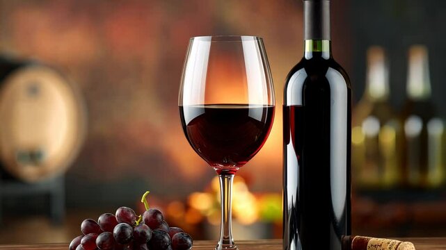 Bottle of red wine and a wine glass are on a table. The wine glass is half full and the bottle is almost empty. The wine glass is next to a bunch of grapes