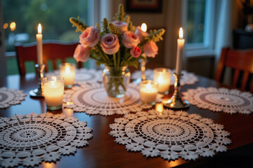 Naklejka premium Elegant evening dinner setting with crochet doilies and candles, romance