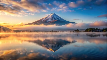 Serene landscape of Mt Fuji reflected in a calm lake at sunrise with misty clouds surrounding the mountain peaks , mount fuji, japan