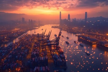 Naklejka premium Global Maritime Network: A vibrant illustration of interconnected cargo ships traversing oceans, highlighting bustling ports and advanced port equipment, showcasing the intricate global trade network.