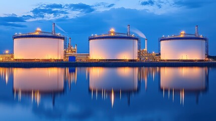 Fototapeta premium Brightly lit petrochemical facility at night with glowing lights reflecting off metal surfaces and storage tanks