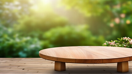 Fototapeta premium Empty Round Wooden Table in a Lush Garden Setting