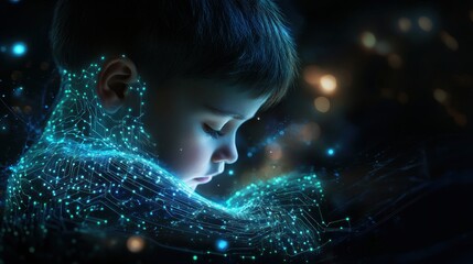 A child is shown with a glowing, futuristic circuit board pattern overlayed on their body