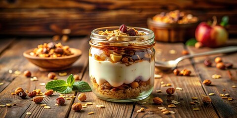 Surreal Creamy Dessert Jar: Granola, Nuts, Rustic Wood