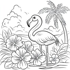 Obraz premium Adorable Flamingo with Tropical Flowers Fun Coloring Book Illustration
