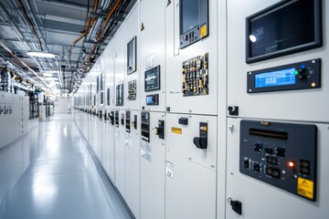 Industrial facility control room, panel, energy, monitoring, system, hallway, technology, automation, maintenance