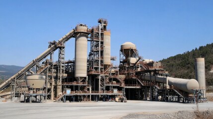 Industrial cement plant with large metal staircases and interconnected processing units