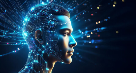 Abstract AI representation: a human profile merged with luminous neural connections against a dark backdrop