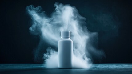 White bottle surrounded by misty vapor on dark background. mystery and pharmaceutical concept