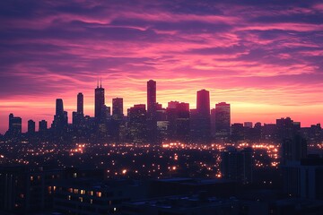 Fototapeta premium Golden Hour Chicago: Breathtaking Panoramic Skyline Sunset, Iconic Architecture, Cityscape Majesty, Lake Michigan Glimpse, Dramatic Colors, Urban Landscape, Evening Illumination, City Lights, 