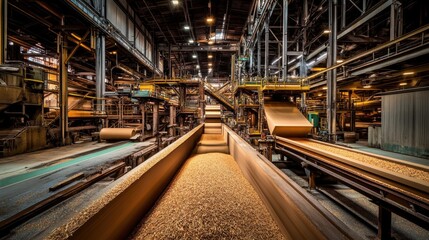 Industrial view of pulp processing inside a paper mill, showing raw materials being transformed into paper with high-tech equipment