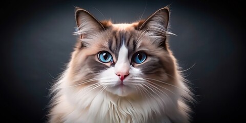 Obraz premium Fluffy, adorable ragdoll cat portrait, elegant studio pet photography.