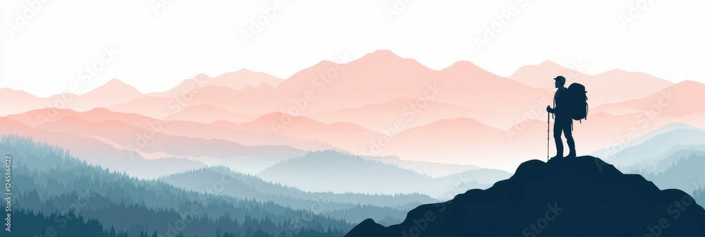 Poster hiking silhouette on a mountain ridge during sunrise with open space for text. generative ai